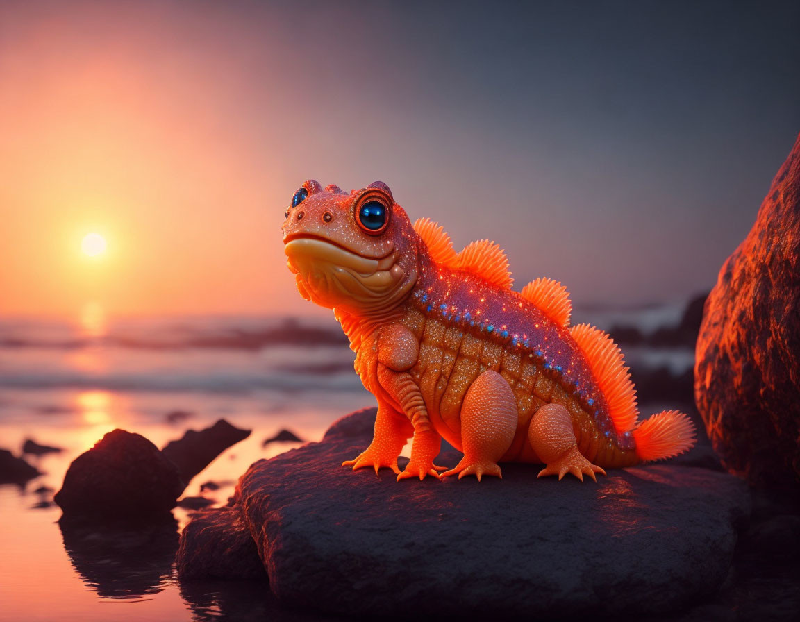 Orange whimsical creature resembling gecko on rock at sunset by calm sea