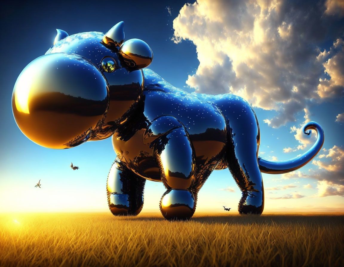 Shiny blue hippopotamus with starry patterns in sunlit field