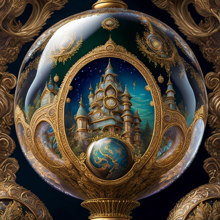 Intricate gold designs on ornate sphere with fantastical castle and celestial elements in circular frame