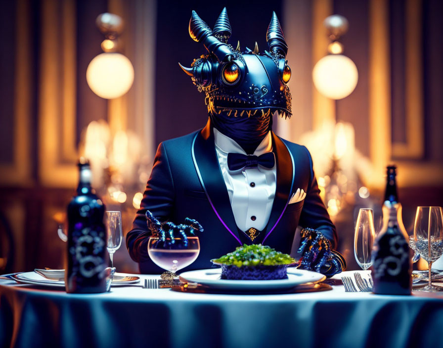 Dragon-headed figure in stylish attire at elegant dining table with meal and wine