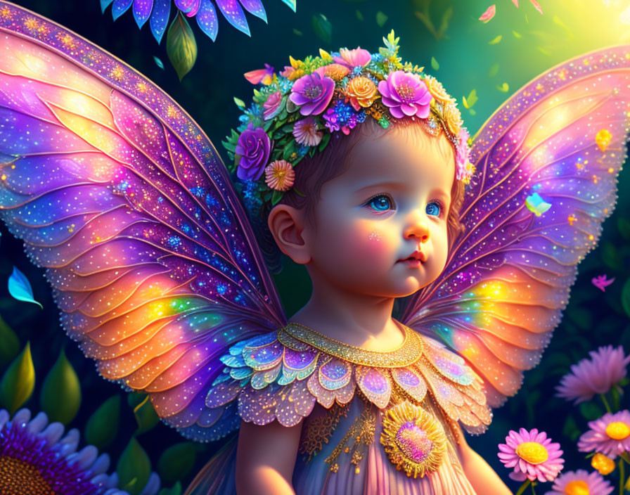 Child with Iridescent Fairy Wings and Flower Crown in Magical Floral Scene