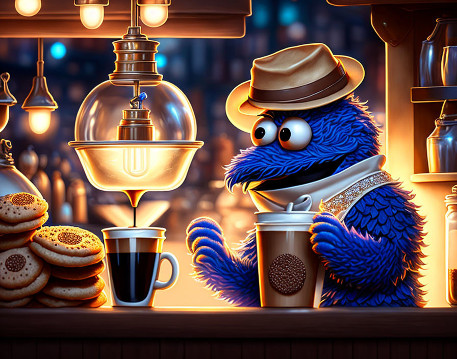 Cookie Monster with coffee and cookies in cozy bar setting