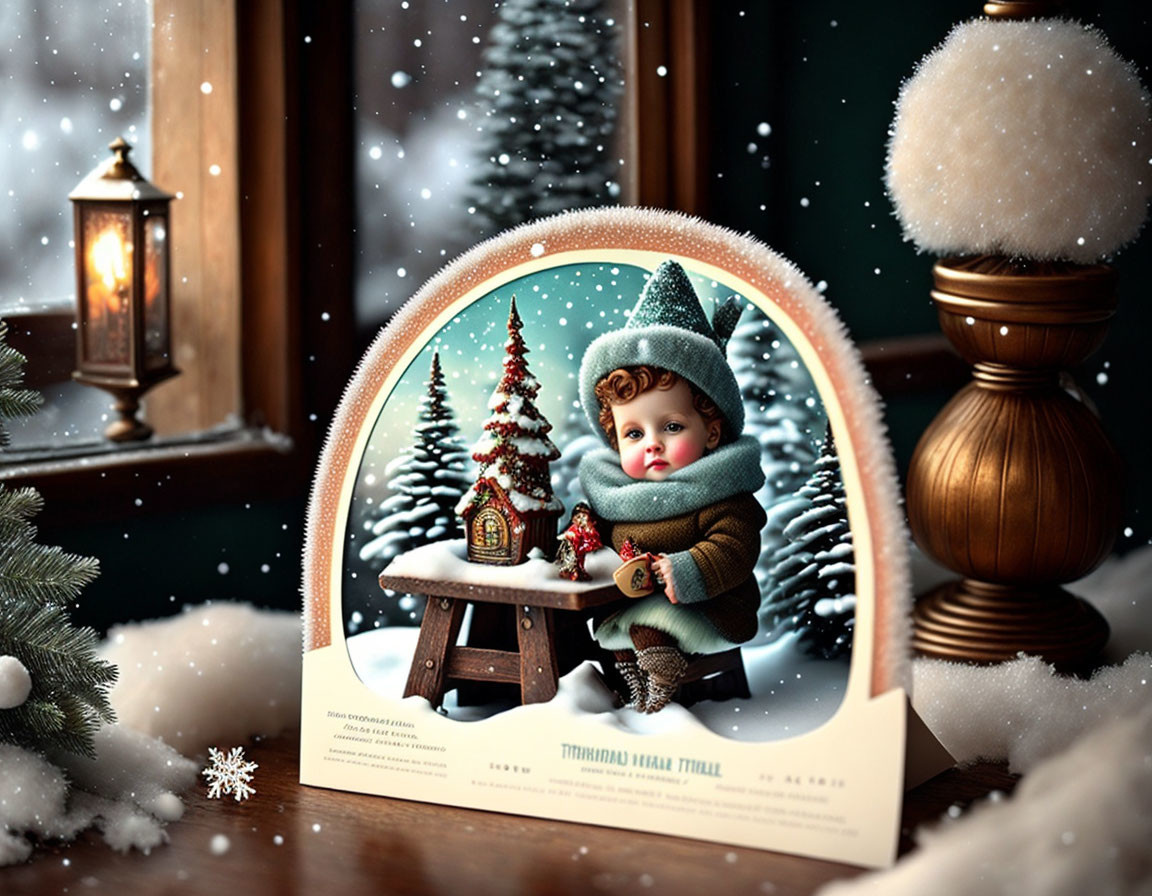 Winter-themed 3D baby illustration in snow globe