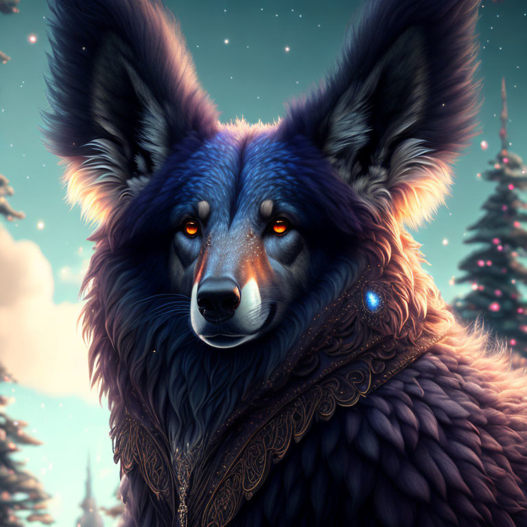 Anthropomorphic fox digital art portrait with mystical blue pendant in wintry forest