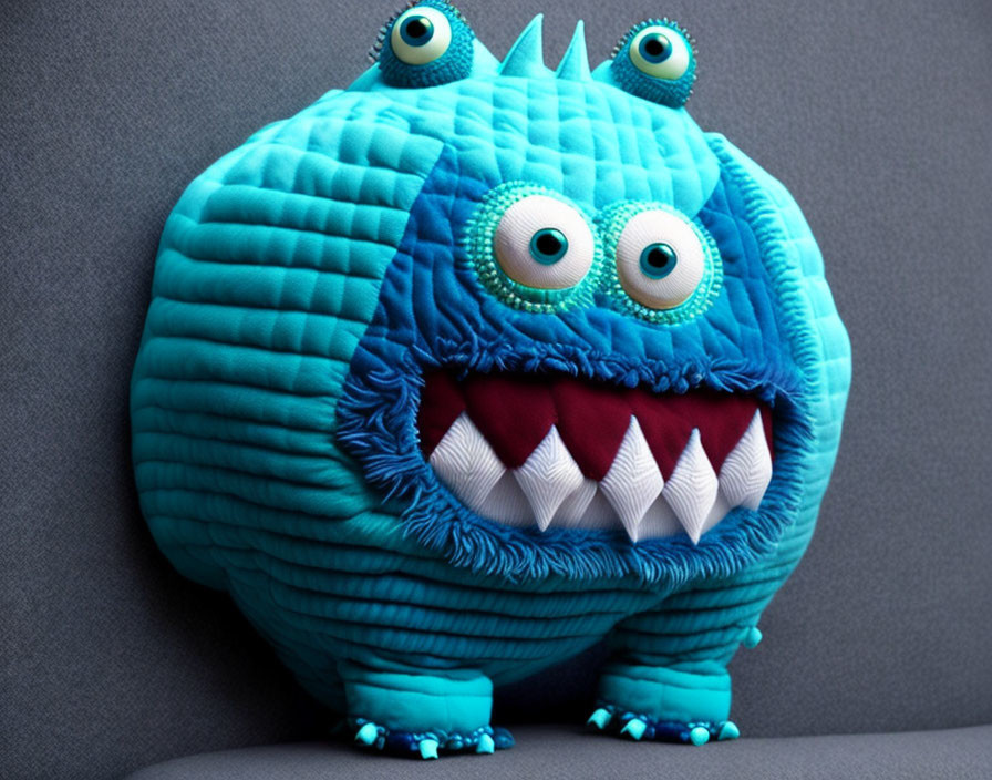 Blue Monster Plush Toy with Multiple Eyes and Sharp Teeth