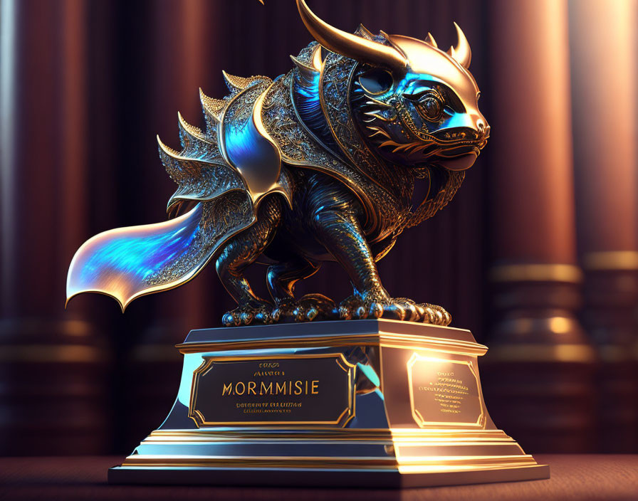 Metallic dragon trophy on pedestal with iridescent wings in courtroom setting