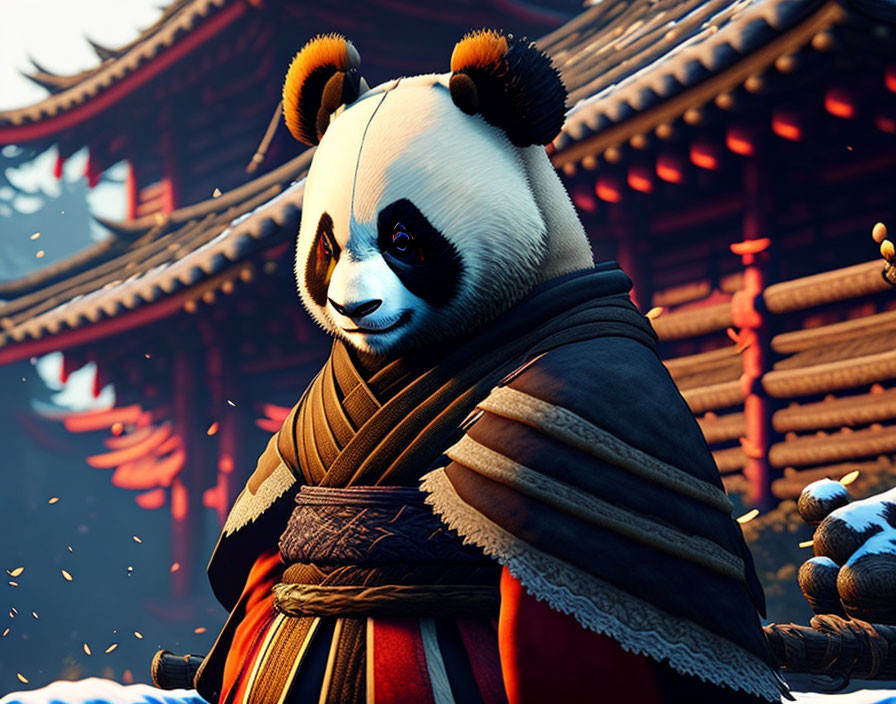 Anthropomorphic panda in traditional robes at Asian temple with autumn leaves