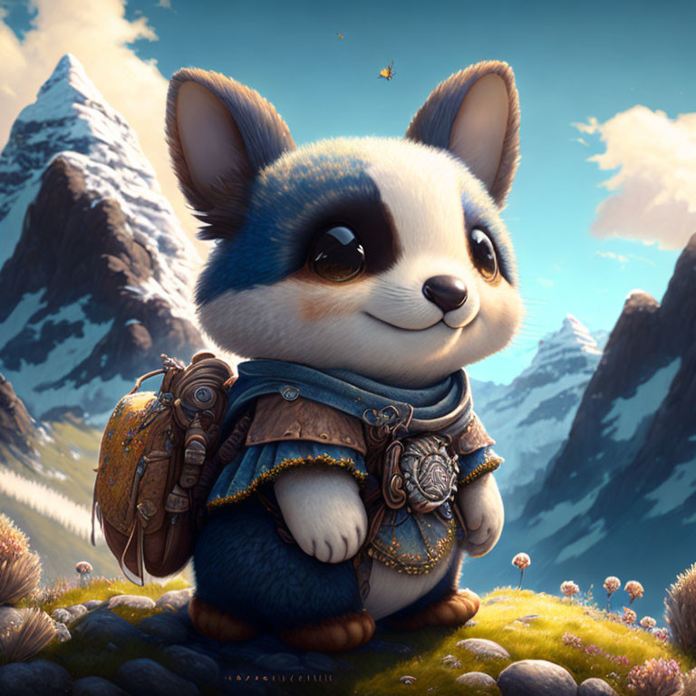 Anthropomorphic corgi adventurer in fantasy mountain scenery