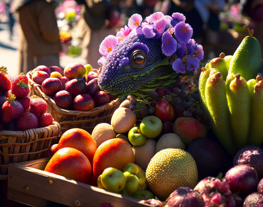 Digitally created chameleon with purple flowers amidst vibrant fruit display