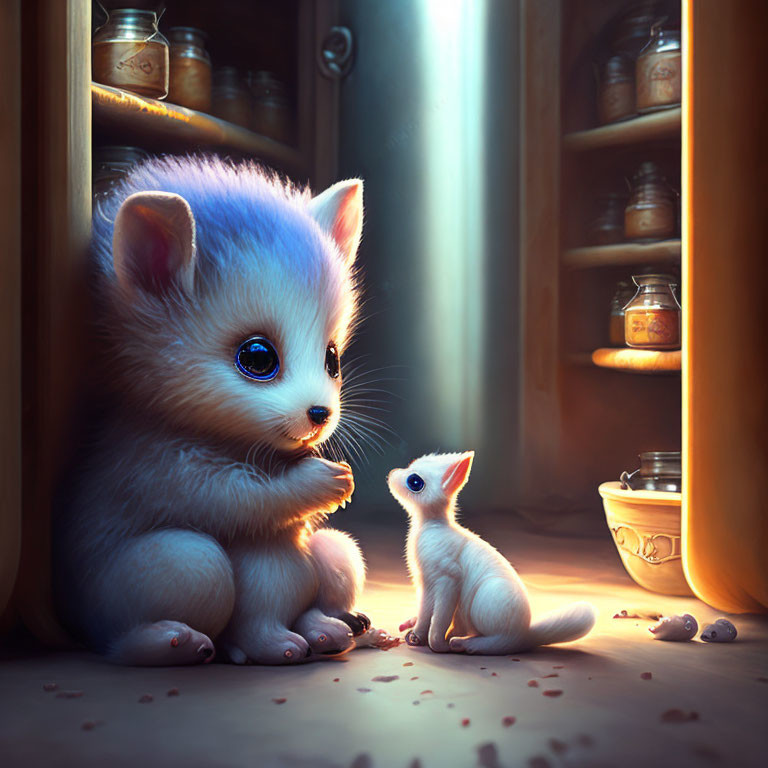 Stylized fantasy creatures resembling kittens in cozy cupboard