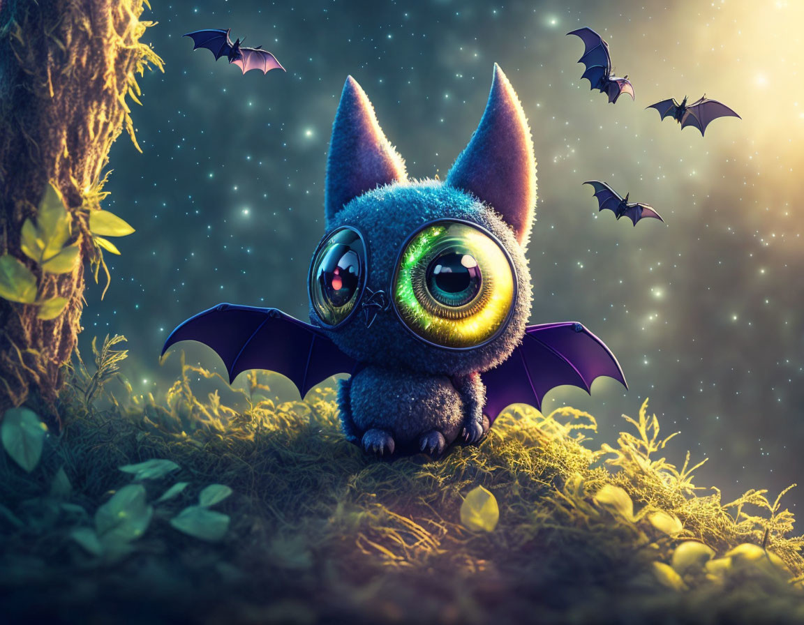 Cute animated creature with bat wings in mystical forest