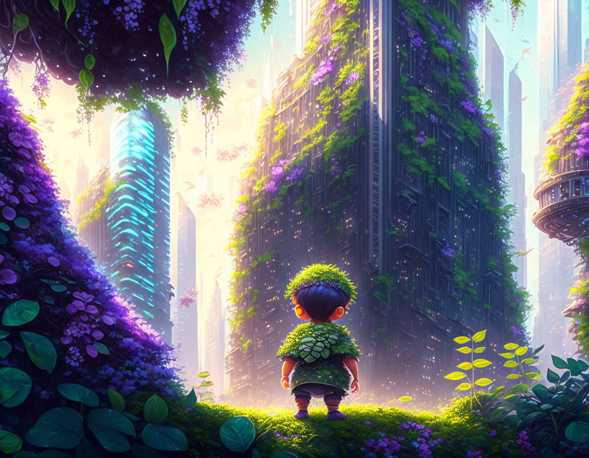 Child in futuristic garden with towering buildings and lush greenery.