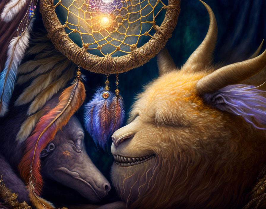 Dreamcatcher hanging above serene golden llama and contemplative dark horse with feathers