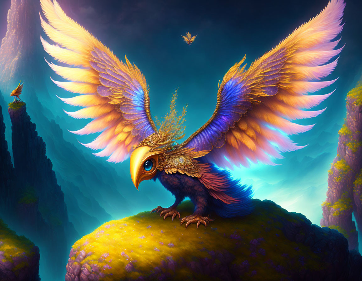 Colorful fantasy eagle perched on rocky outcrop in misty landscape