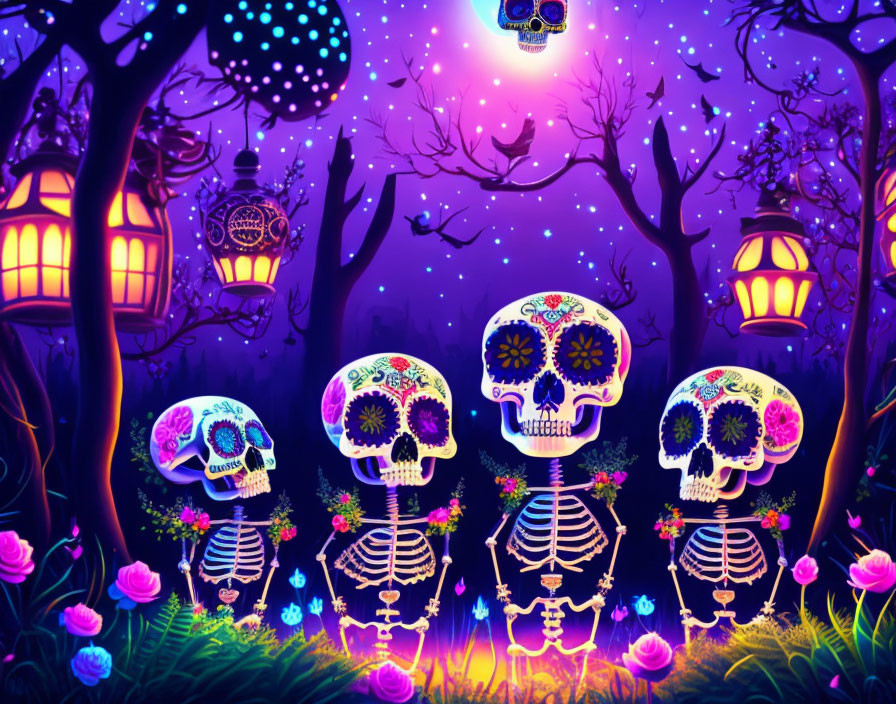 Colorful Day of the Dead Scene with Skulls and Lanterns