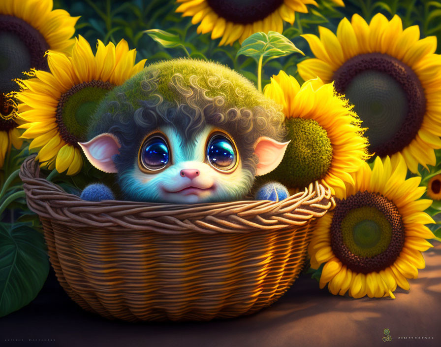 Fantastical creature with blue eyes and green hair in sunflower-filled basket