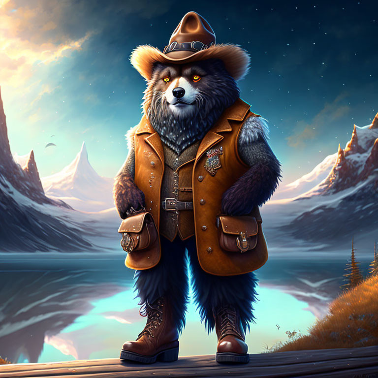 Anthropomorphic raccoon in cowboy attire on lakeside dock