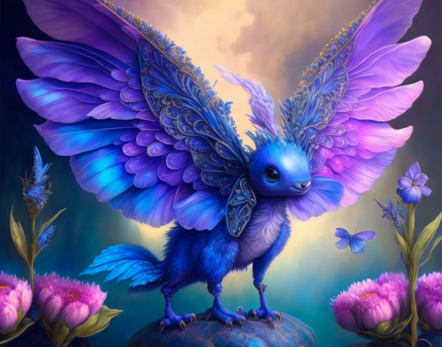 Colorful fantasy creature with blue plumage and butterfly-like wings in a floral setting.