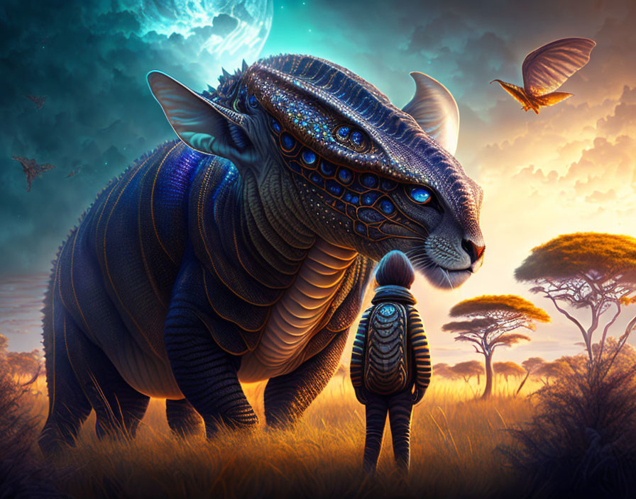 Fantastical creature with blue patterns in twilight savanna