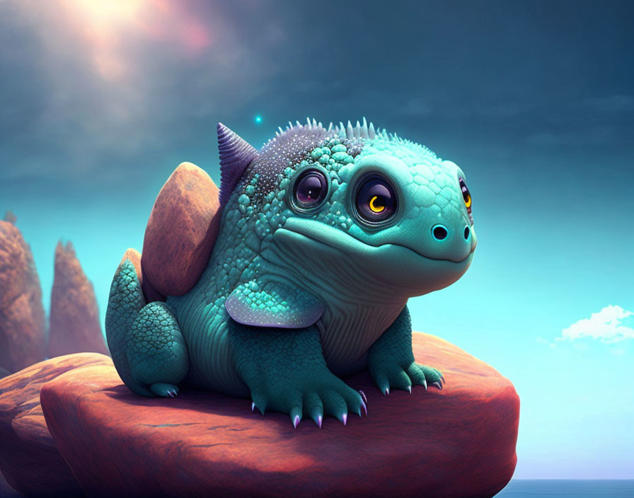 Blue CGI-animated dragon on rock under dreamy purple skies