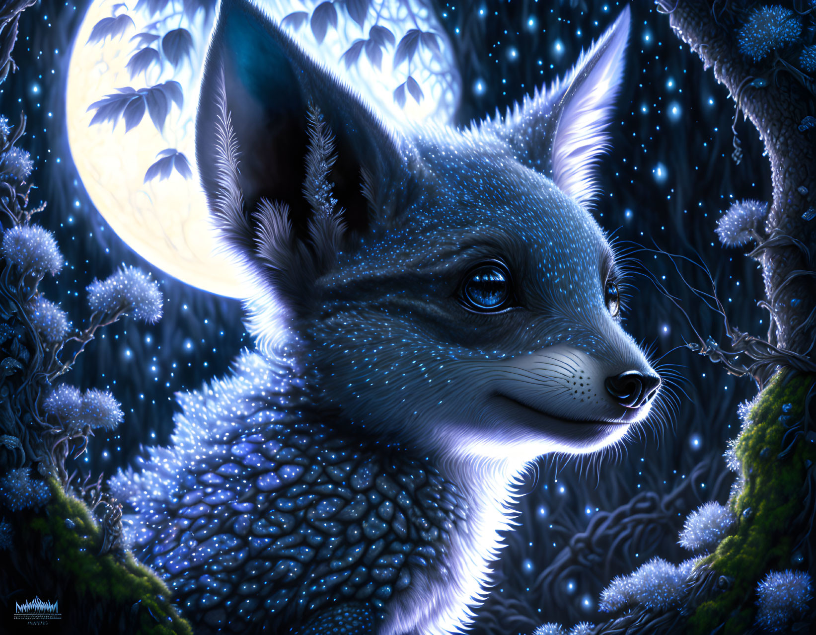 Whimsical blue fox in moonlit enchanted forest