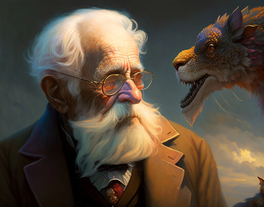 Elderly man with white hair and dragon-like creature in a suit