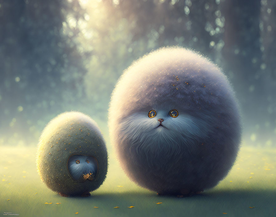 Fluffy spherical creatures with large eyes in sunlit forest clearing