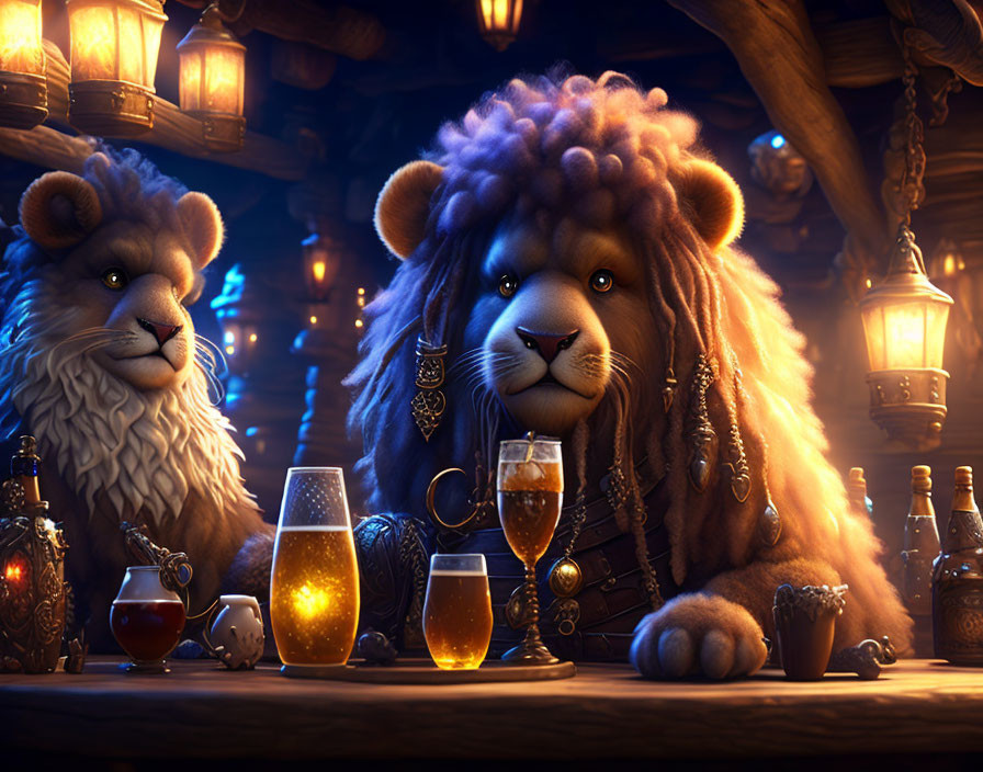 Animated lions in cozy tavern with beer and candles