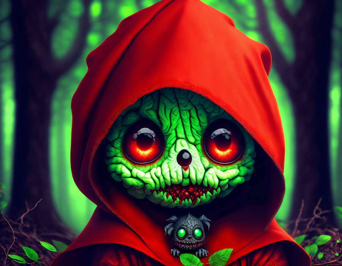 Green Creature with Red Eyes in Dark Forest with Matching Critter