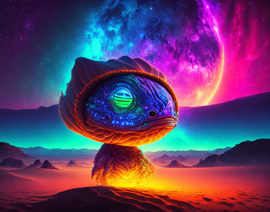 Colorful surreal digital artwork: Turtle with eye-shaped shell in cosmic scene