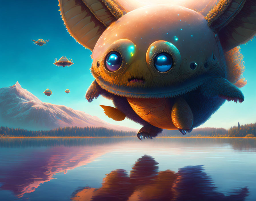 Illustration of fluffy creature flying over serene lake and mountains