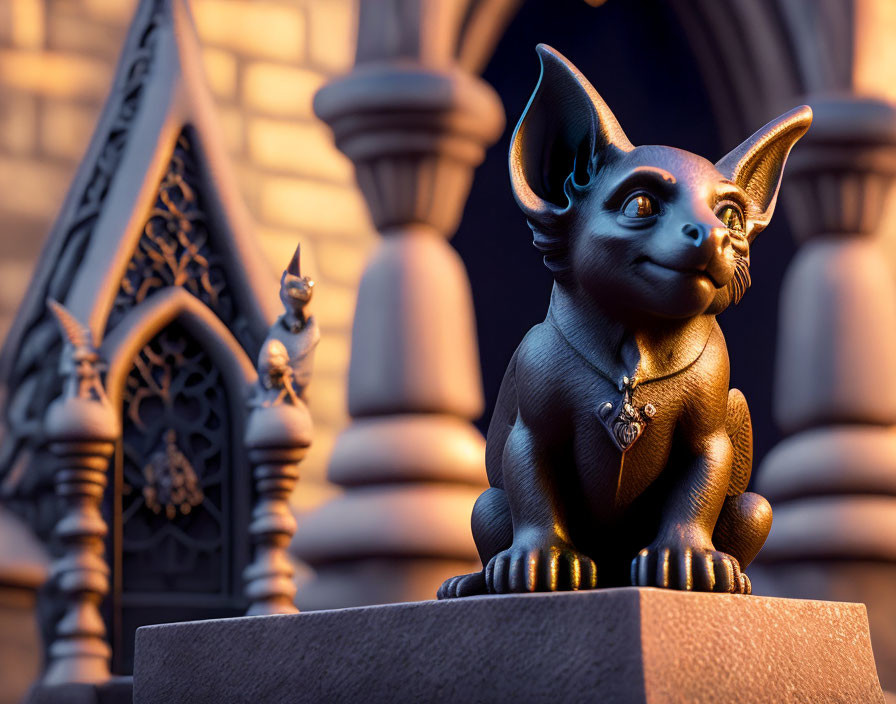 Stylized statue of bat-like creature with large ears in gothic twilight setting