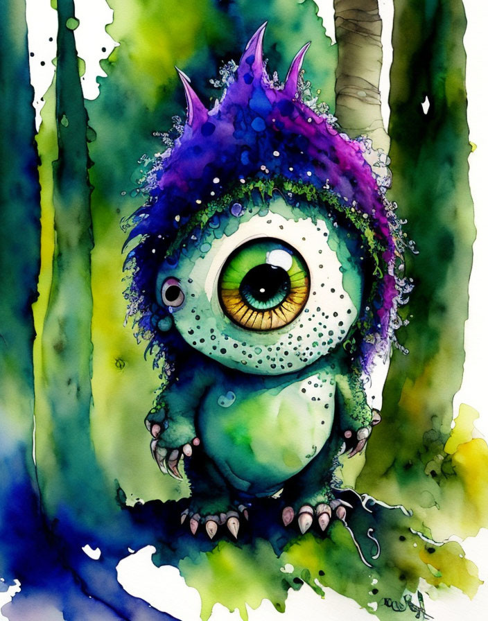 Colorful Watercolor Creature with Central Eye and Spiky Crown