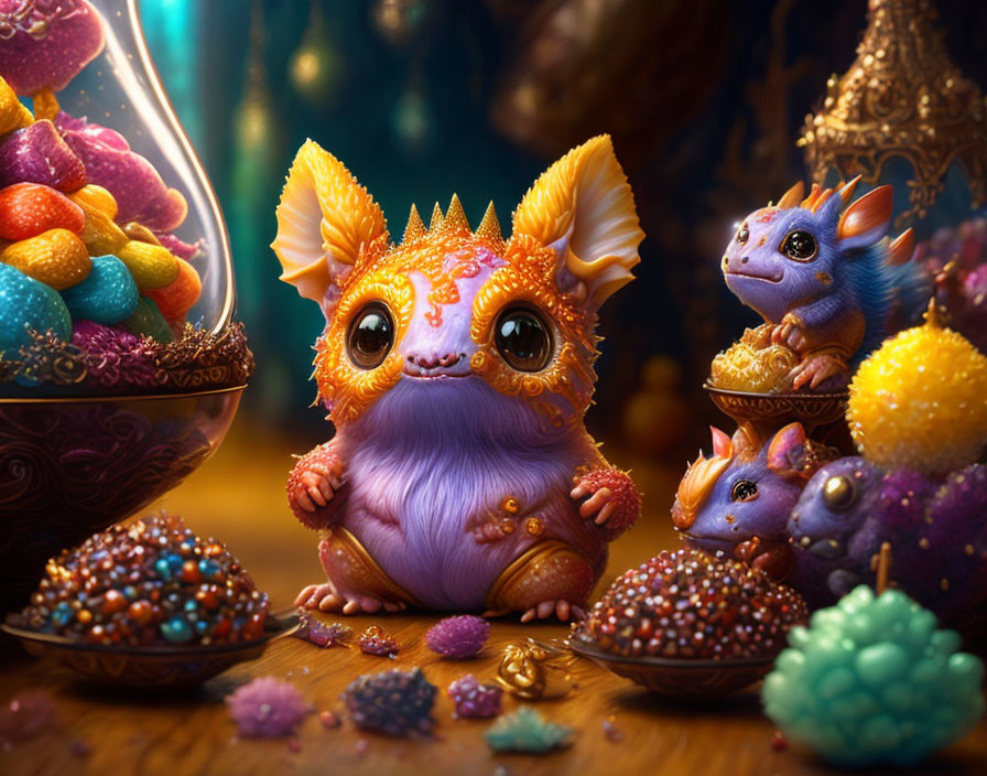 Vibrant squirrel-dragon hybrids with colorful candy scenery