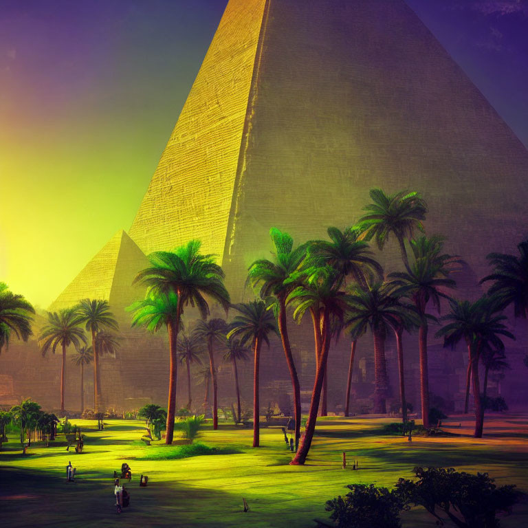 Sunset illuminates Pyramids of Giza with palm trees and people in foreground