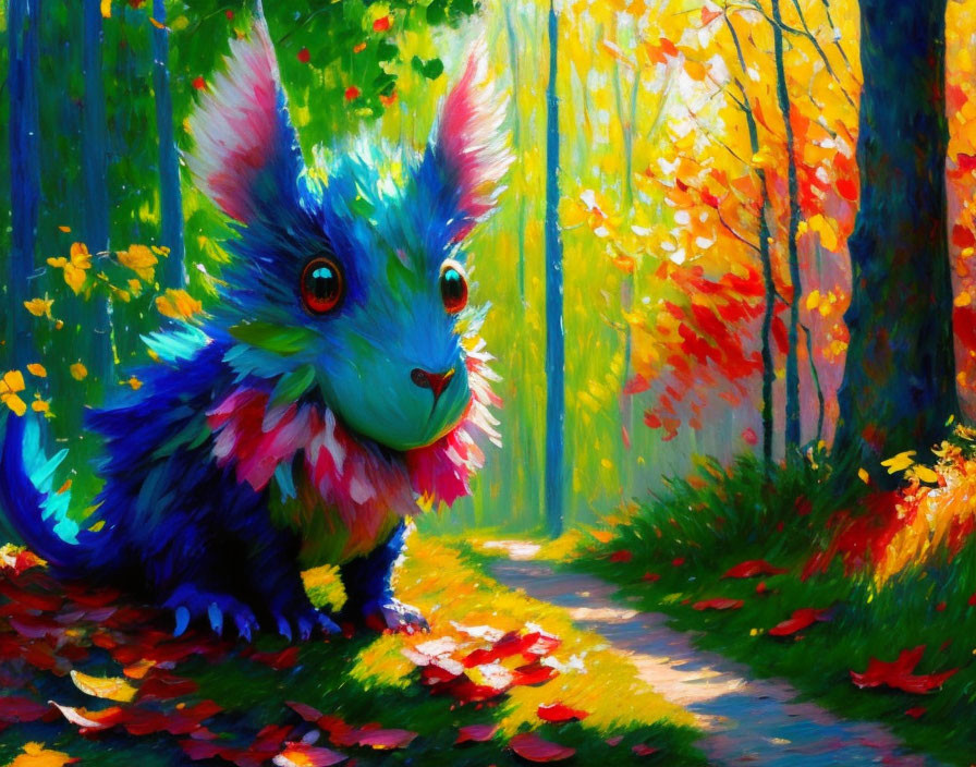 Colorful whimsical creature in vibrant autumn forest