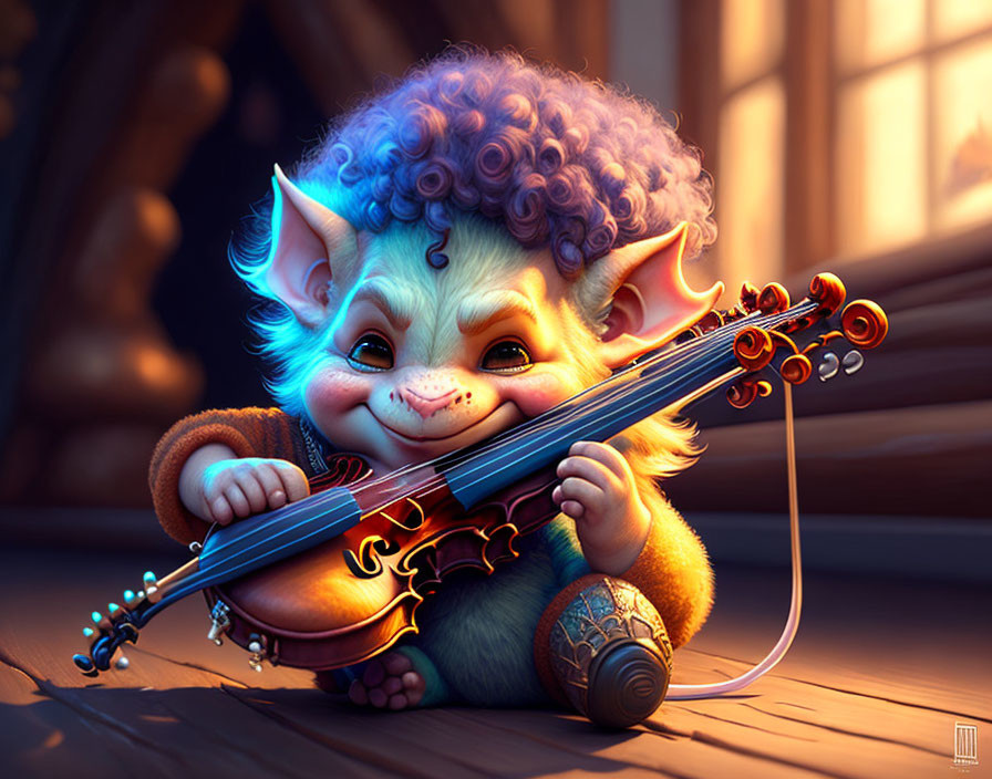 Blue-eared animated creature playing violin with joy and focus