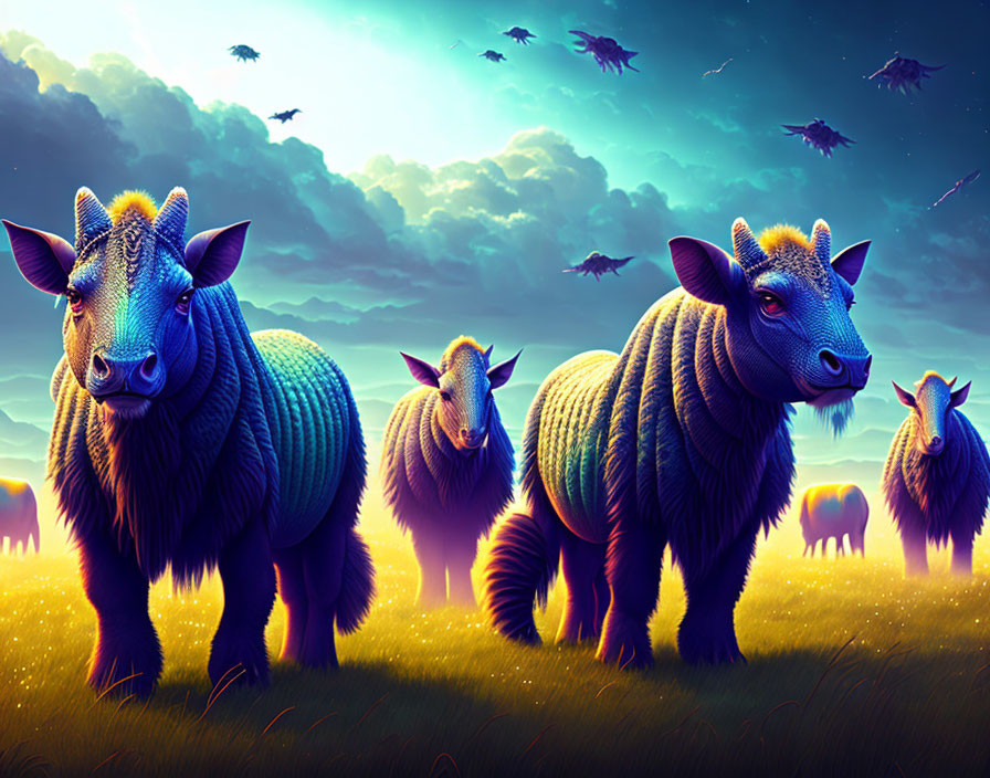 Bioluminescent blue sheep in vibrant meadow at twilight