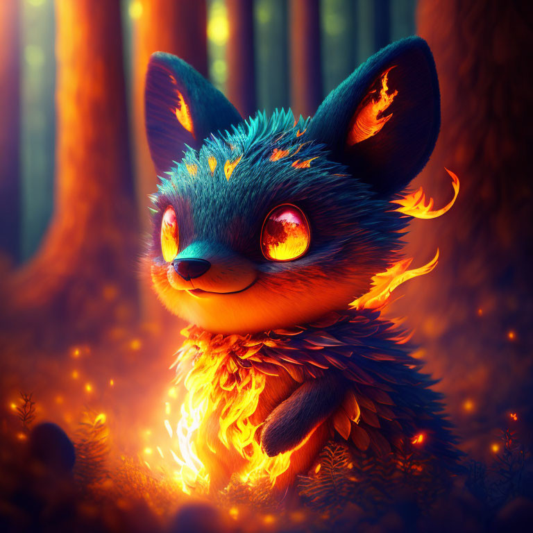 Fantasy fox creature with fiery fur in enchanted forest