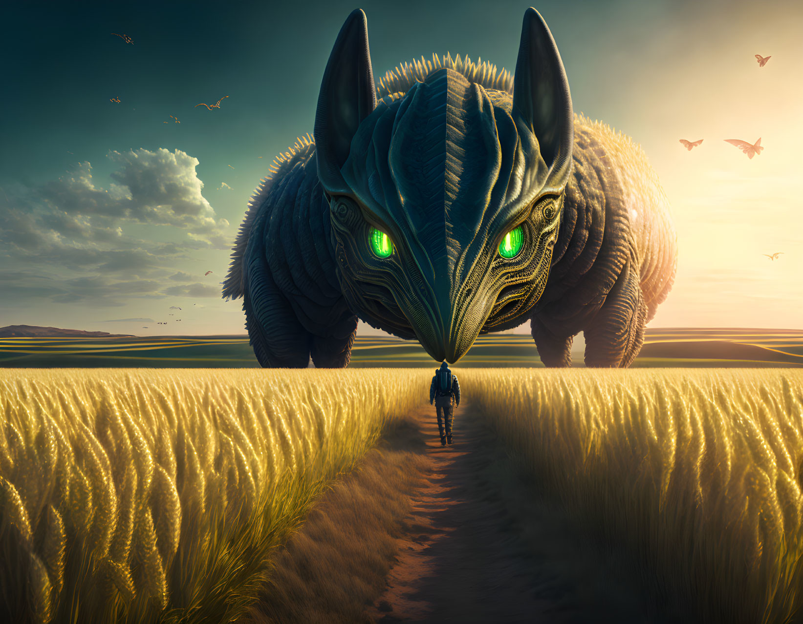 Person faces mythical creature in golden field under dramatic sky