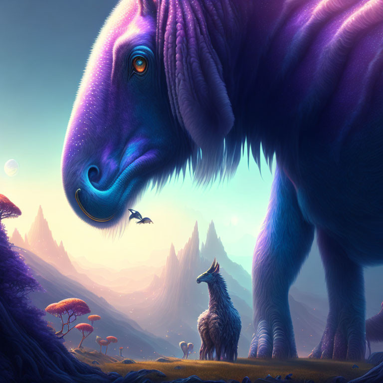 Colorful fantasy creatures in alien landscape - Purple dinosaur and wolf-like animal.