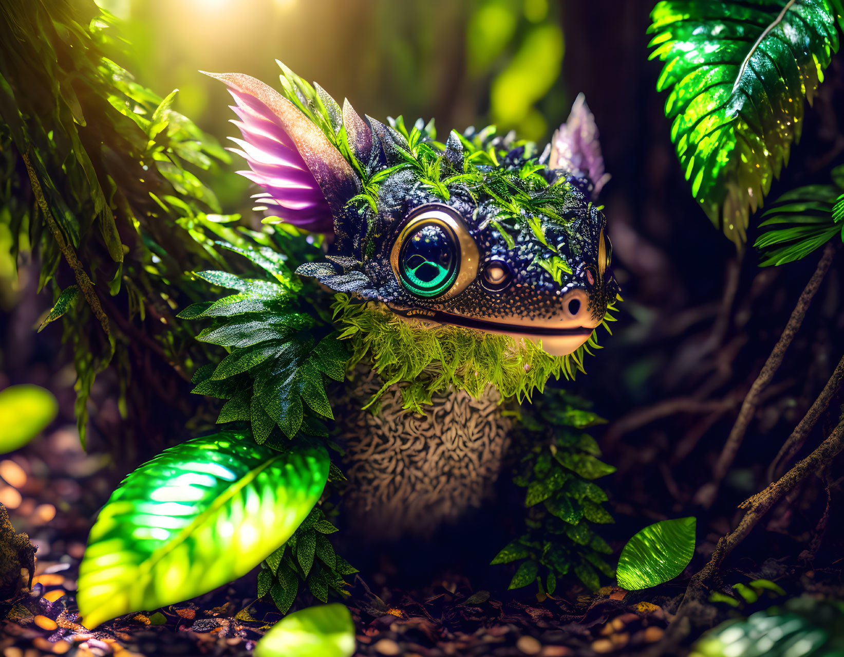 Mythical creature with large eyes, feathered ears, and leaf-like scales in lush green foliage