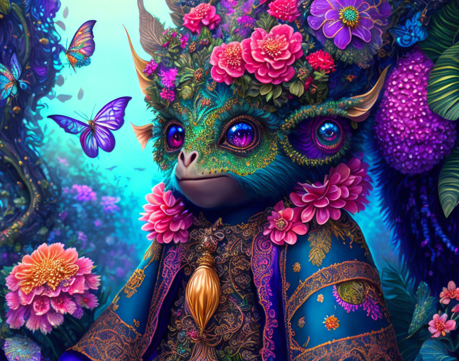 Blue-furred creature with horns in flowered attire amid butterfly-filled setting