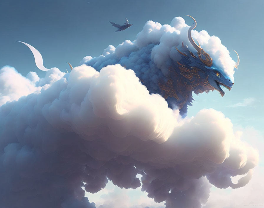 Fantastical cloud dragon with bird in serene sky