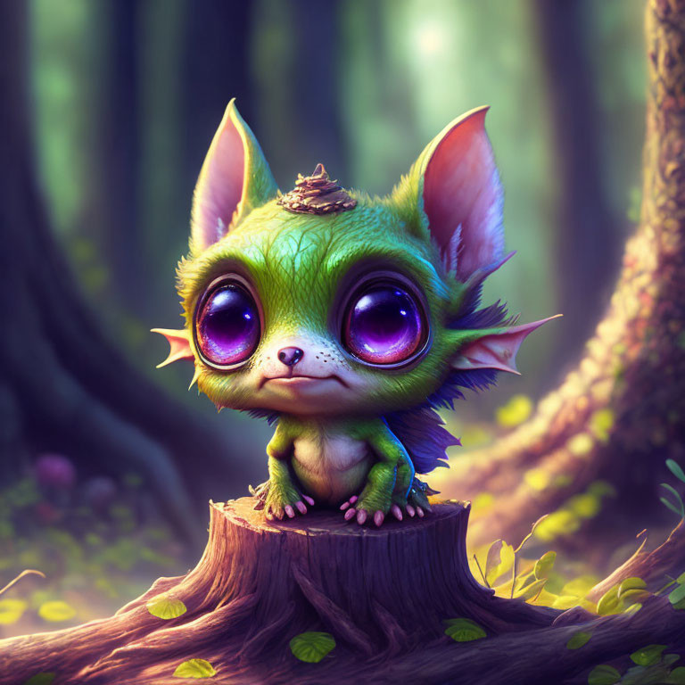 Green-furred fantasy creature with purple eyes in enchanted forest