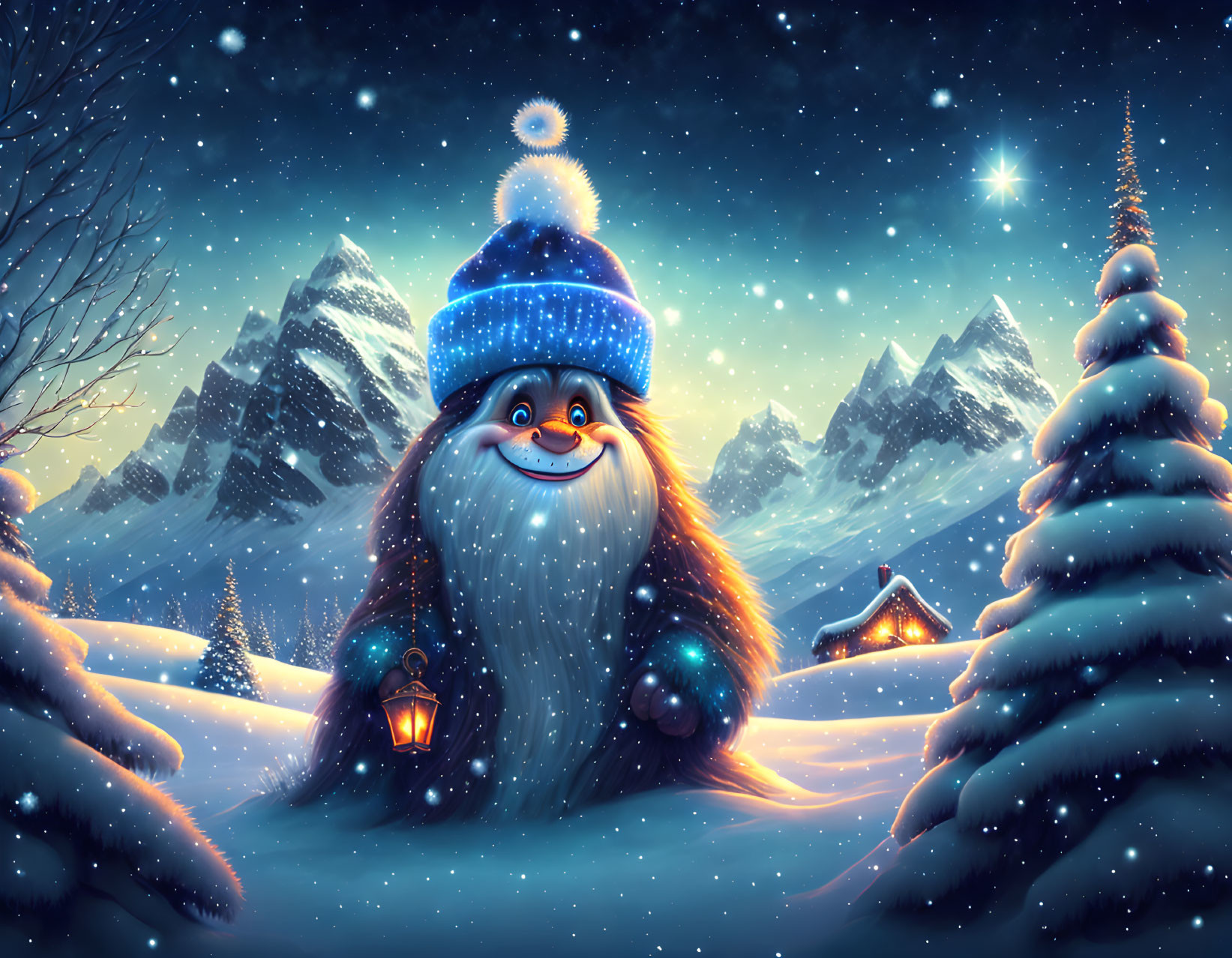 Fluffy creature with lantern in snowy night scene