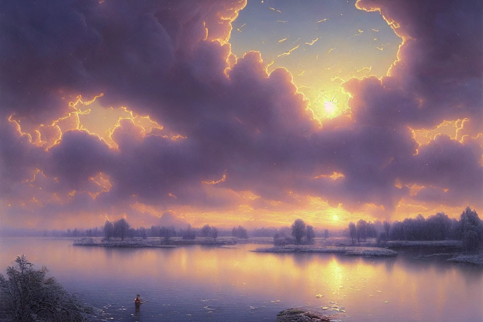 Serene lake sunset with fiery clouds, lightning, and lone figure on boat