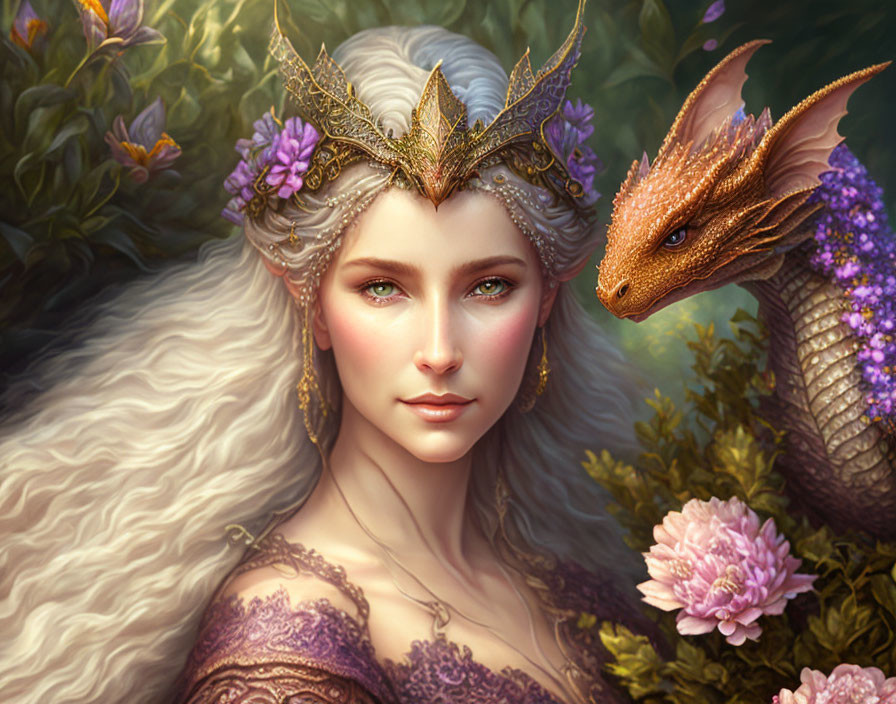 Fantasy illustration of woman with elf-like features, crown, and small dragon in lush floral setting