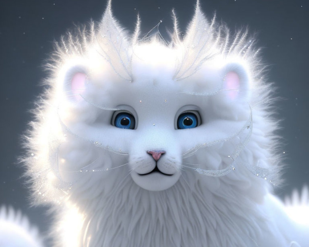 Fluffy white cat-like creature with glowing whiskers on starry backdrop