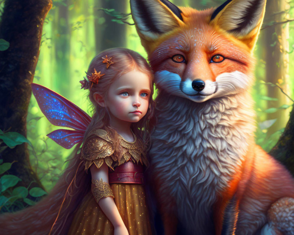 Young girl with fairy wings and fox in mystical forest scene